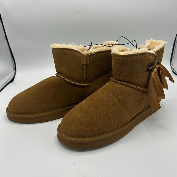 PAWZ by BEARPAW Boots Women’s 10 Chestnut Suede Ribbon Bow Shearling Lined New - Picture 8 of 14